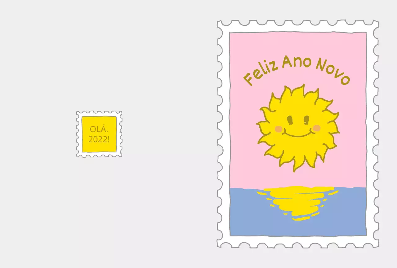 Carimbo de Ano Novo com uma bonita ilustração de um sol cor-de-rosa e amarelo