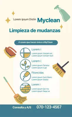 Ilustración en azul y amarillo para promocionar un servicio de limpieza de mudanzas ordenado