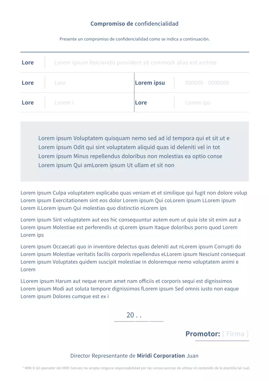 Compromiso de confidencialidad de los documentos comerciales en azul claro