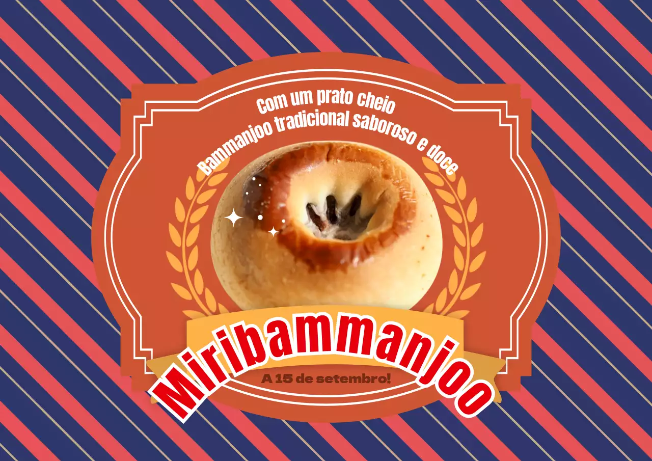 Um cartaz de inspiração retro para o lançamento de Bam Manju com um padrão de pente.