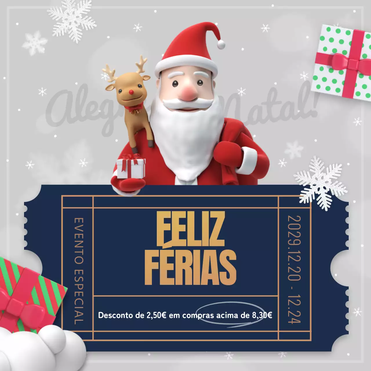 Promover um evento de cupões de desconto de Natal em vermelho e azul-marinho