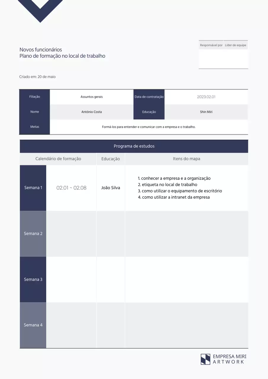 Plano de formação no local de trabalho para novos funcionários, azul-marinho e limpo