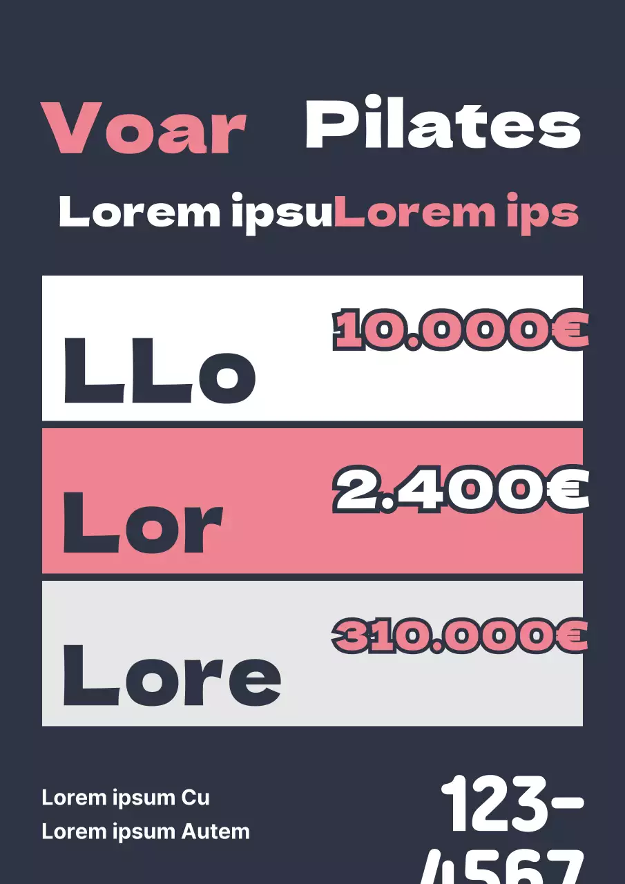 Uma promoção simples para uma escola de Pilates com um menu em azul-marinho e cor-de-rosa.