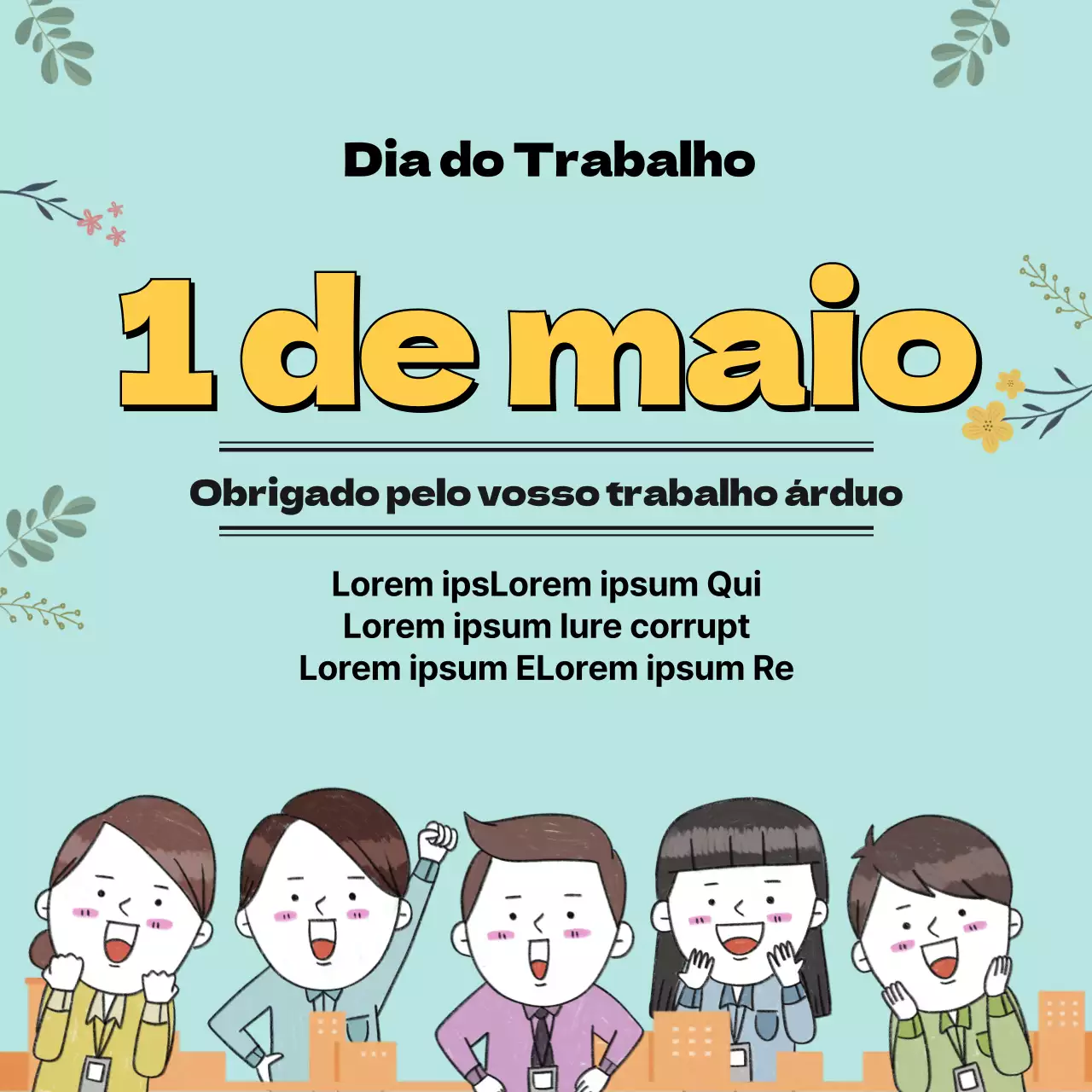 Saudações azuis e amarelas para o dia do trabalhador (quadrados para redes sociais)