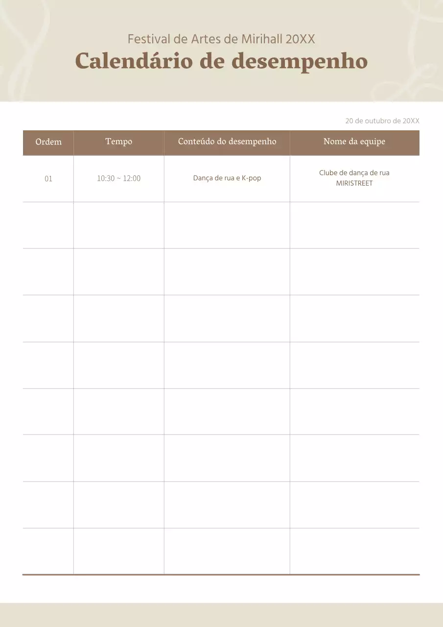 Calendário de espectáculos castanho e bege