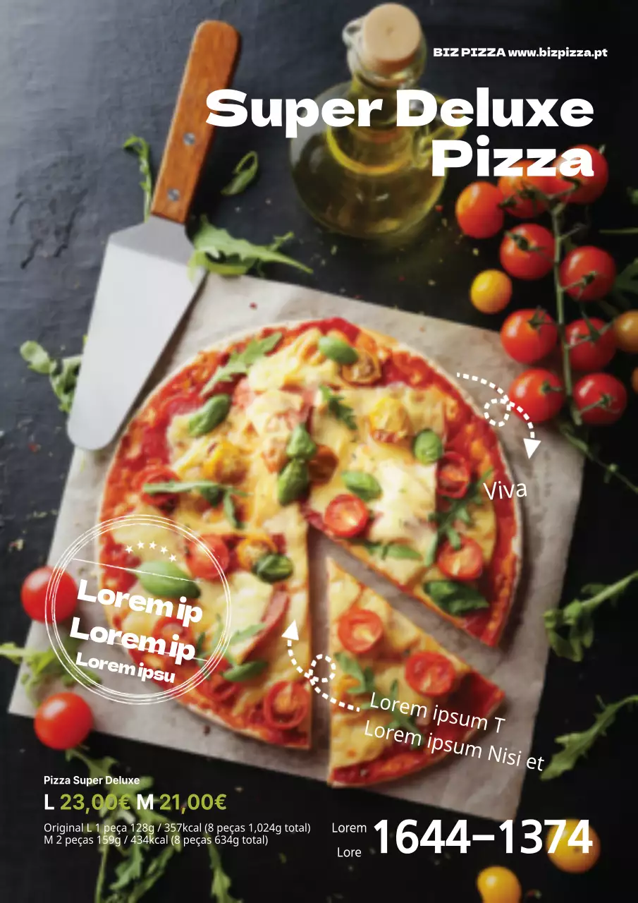 Promover um novo menu de pizzas com uma grande fotografia a preto e branco de uma pizza