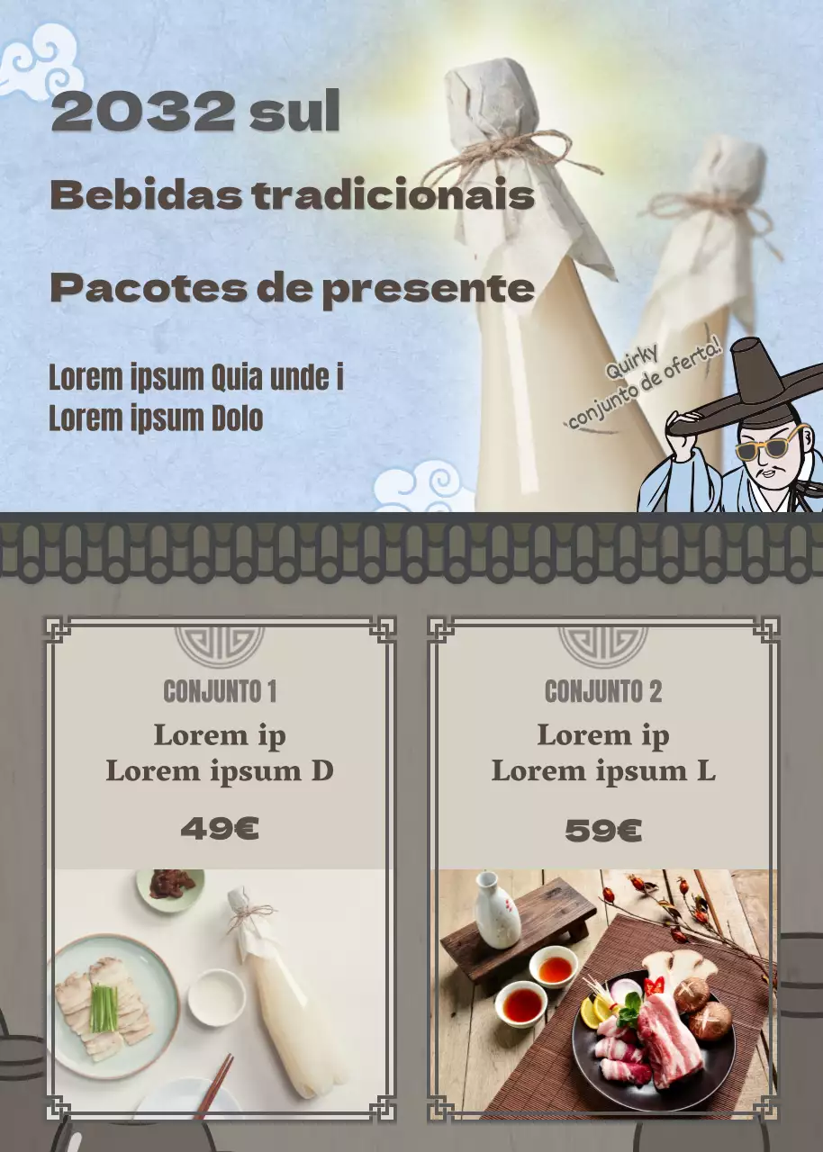 Conjunto de oferta tradicional ilustrado para o Ano Novo Chinês em azul claro e castanho
