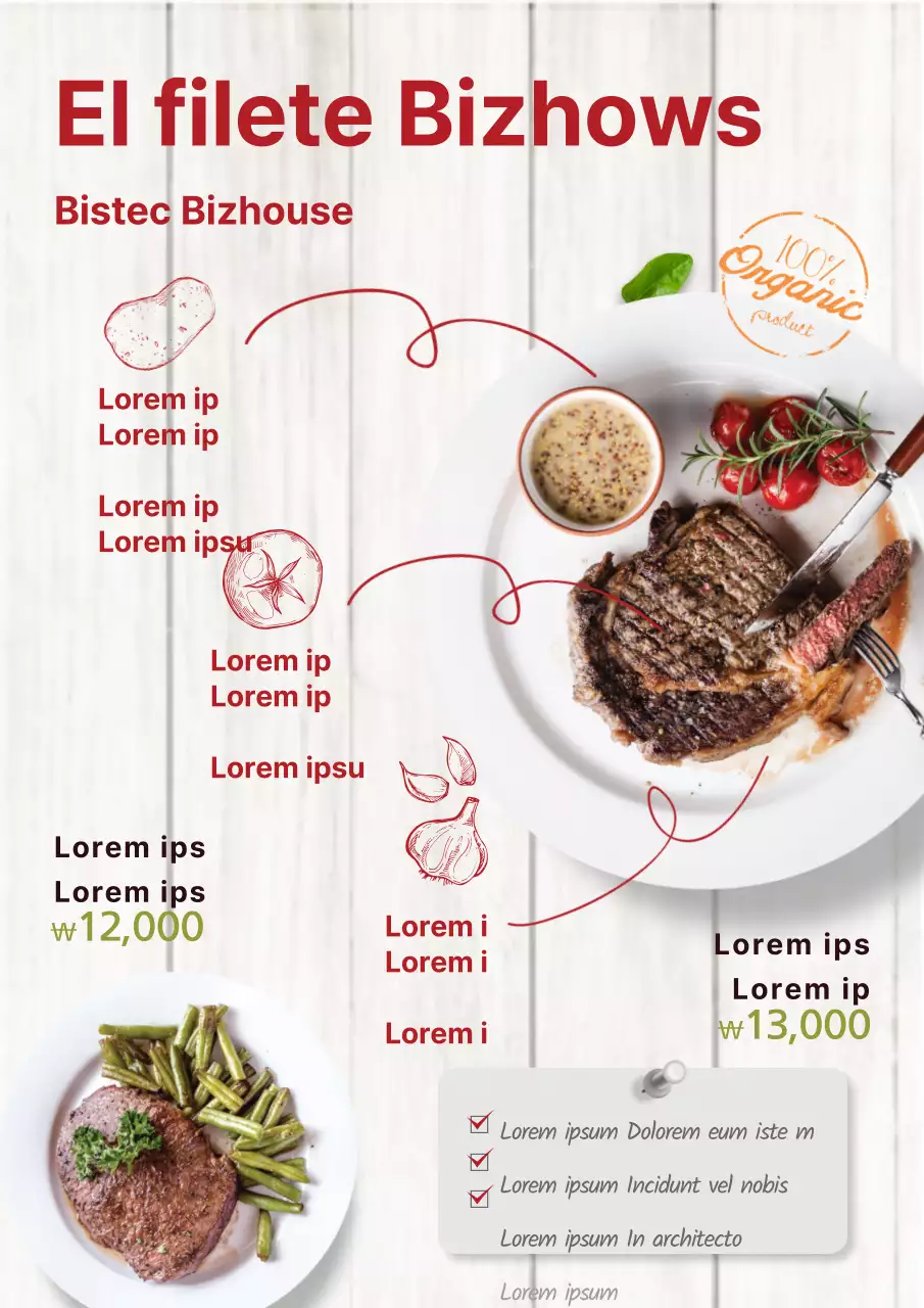 Promocionar un nuevo menú de filetes con una imagen limpia en blanco y rojo