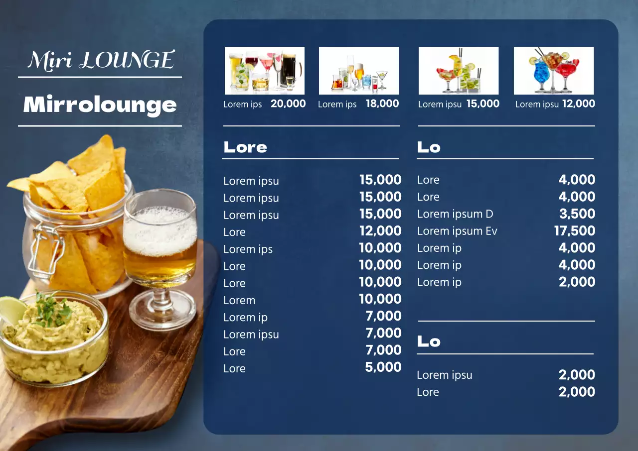 A ementa do Hofzip Lounge, ilustrada a azul.