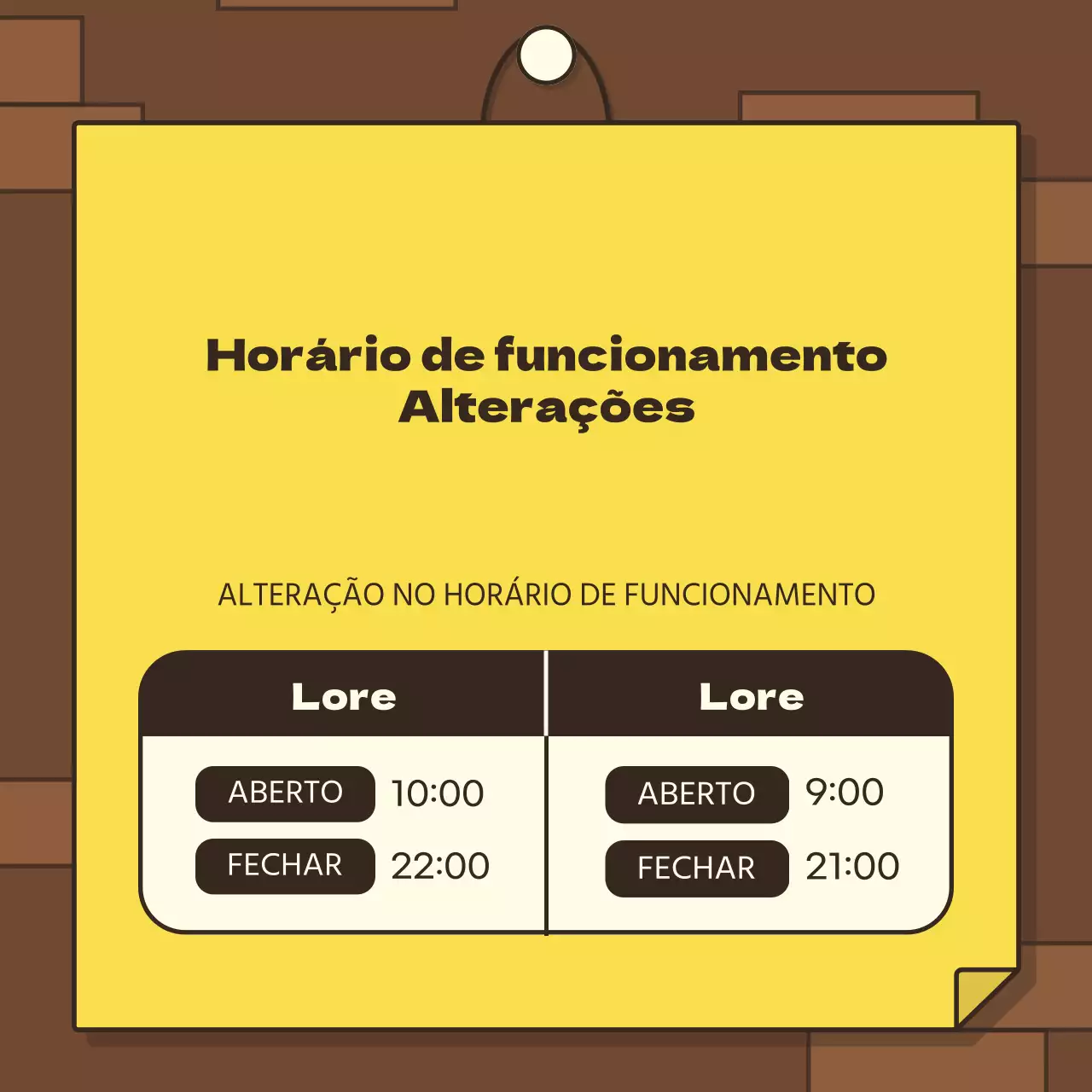 Conceito de parede de tijolos castanhos com papel amarelo e horário de abertura engraçado