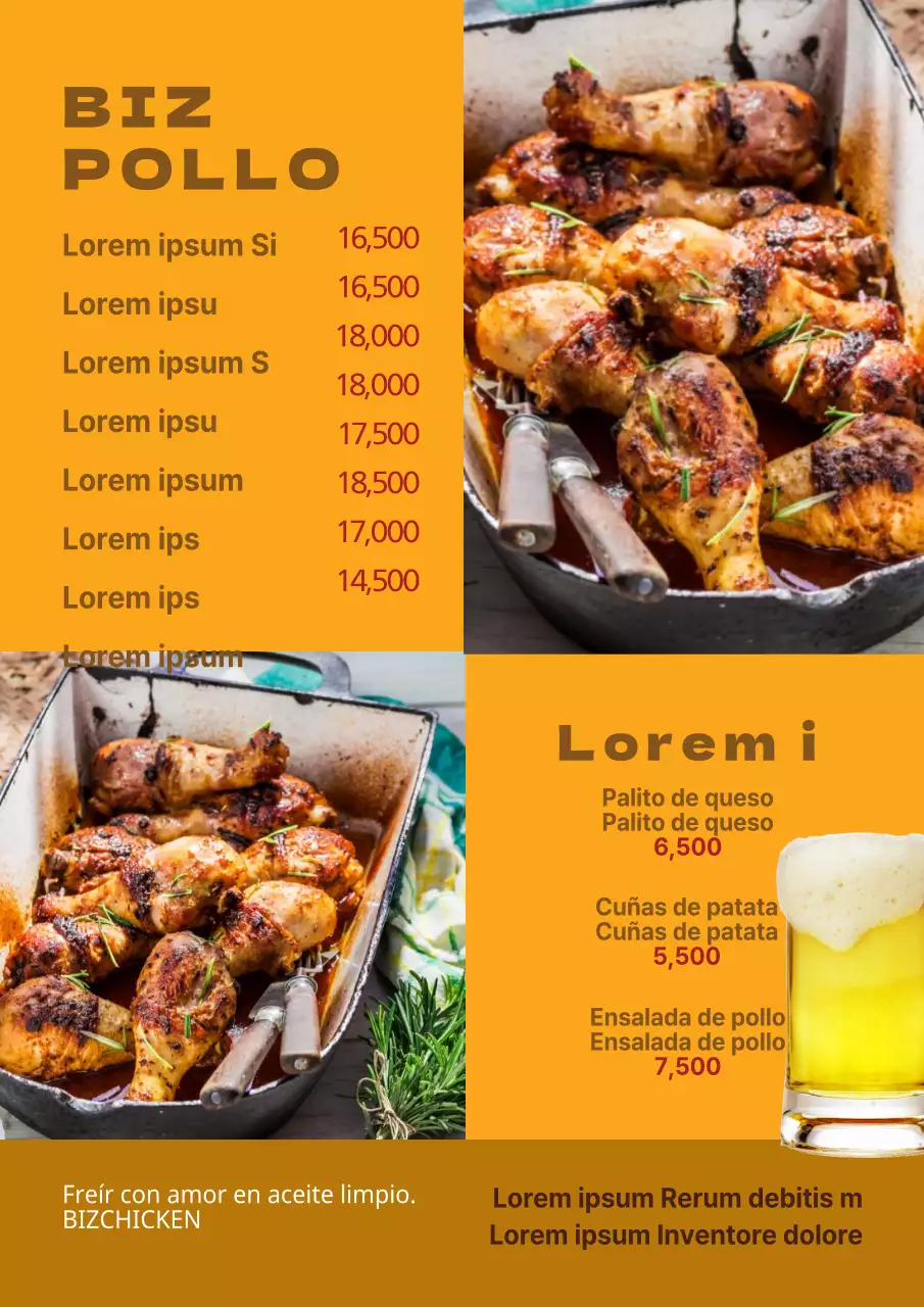 Menú de restaurante de pollo con fotos