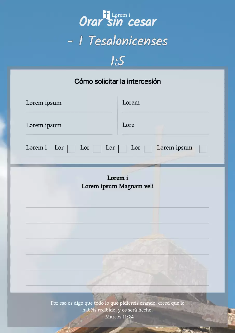 Diario de oración con fondo azul claro de iglesia