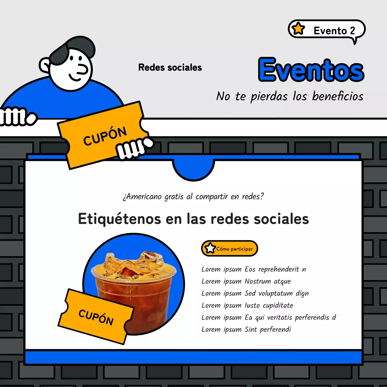 Evento básico y simpático de estilo ilustración con acentos azules, rojos y amarillos