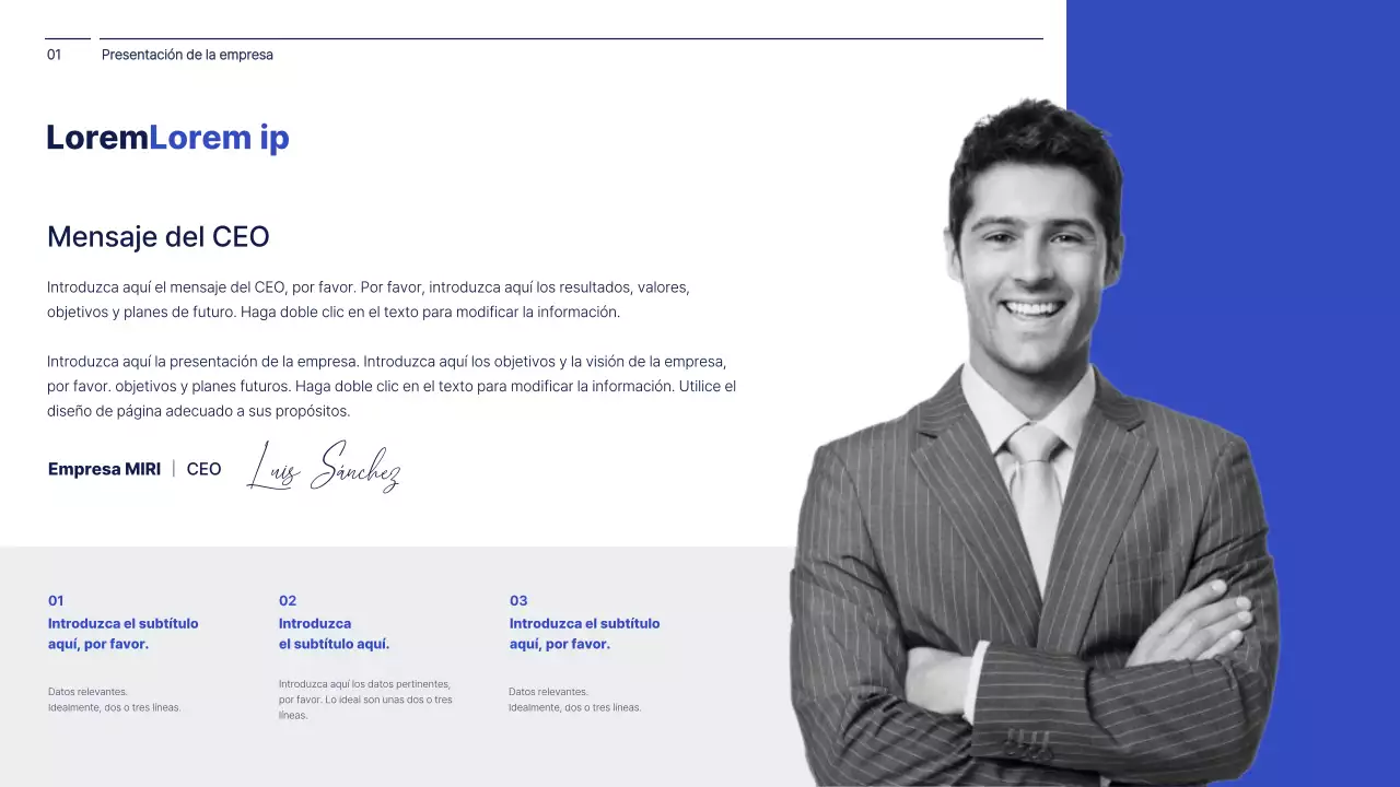 Concepto sencillo en azul marino y blanco de informe de gestión empresarial