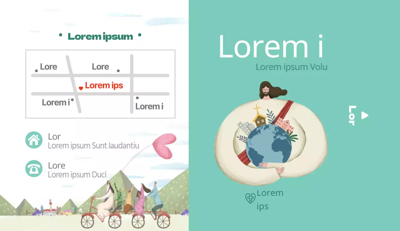 Emotivo concepto ilustrado en menta y blanco con información sobre la iglesia y direcciones