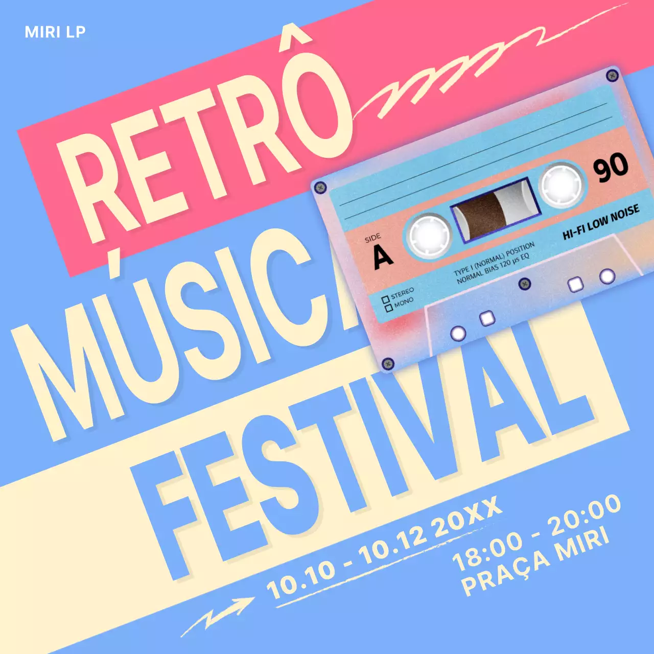 Um anúncio de festival de música retro em azul claro e amarelo