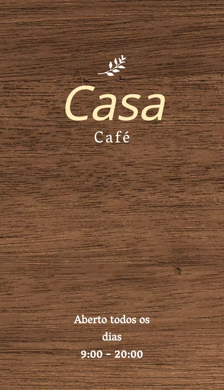 Sinalética simples de café com texto relacionado com o café da casa e ilustrações de folhas