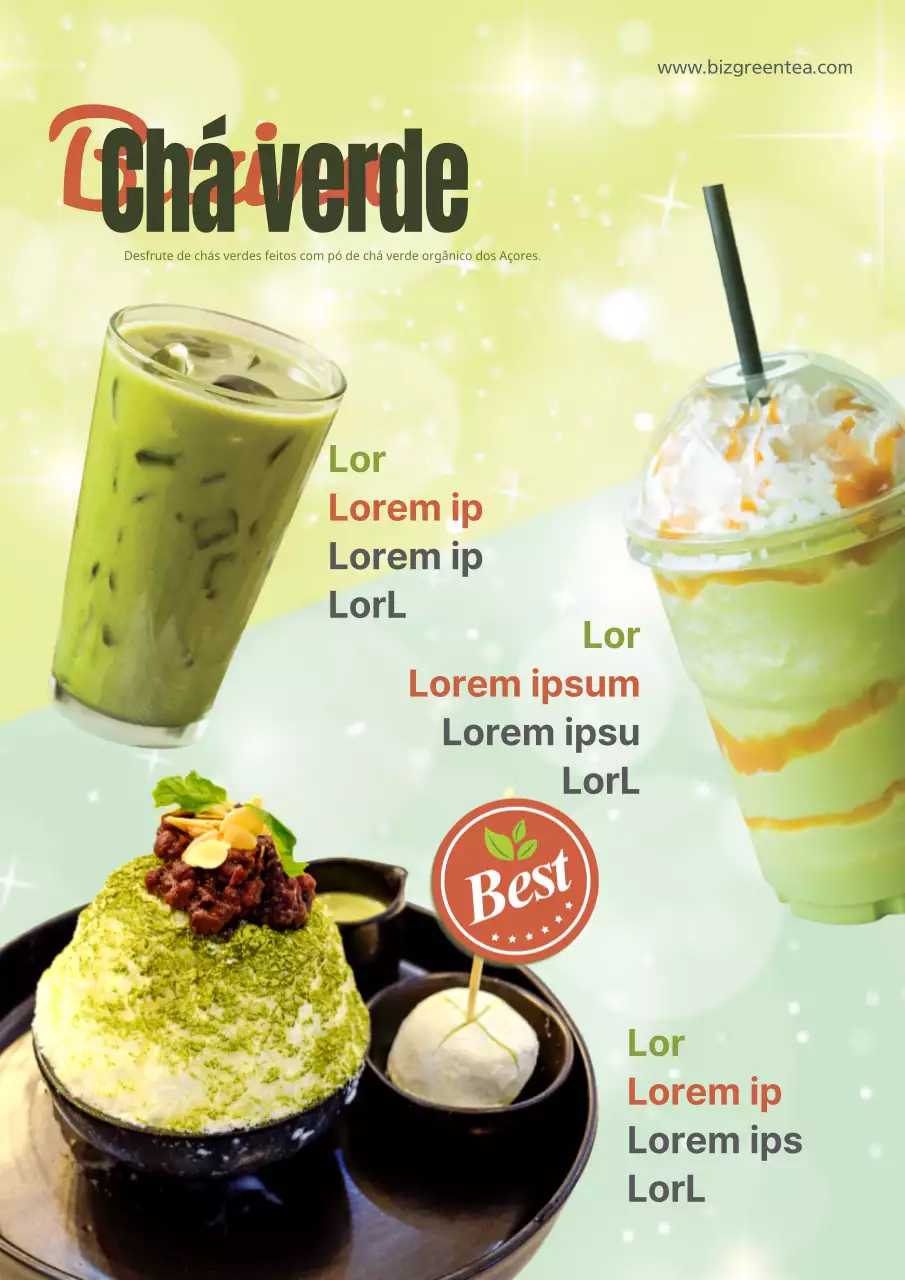 Promover uma nova bebida de chá verde com um conceito glamoroso com um efeito de brilho verde