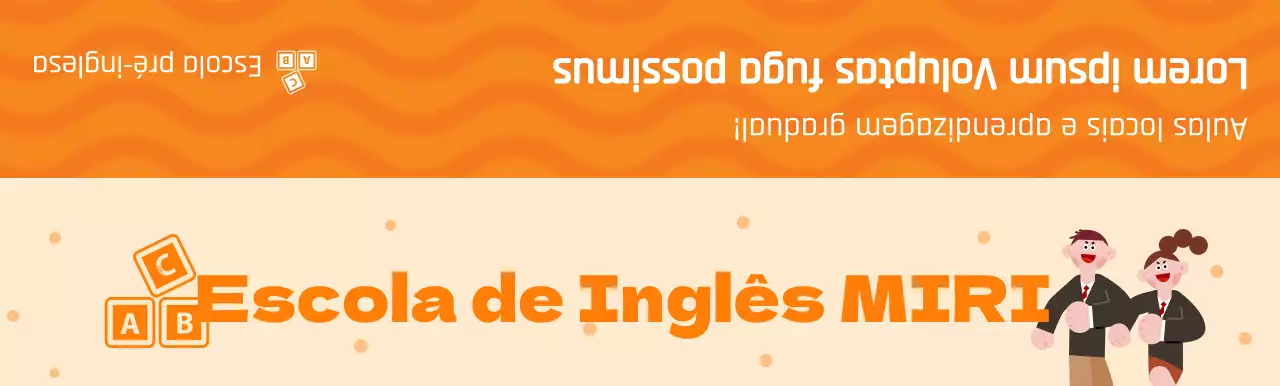 Promoção de uma escola de inglês com uma ilustração de alunos com uniformes cor de laranja