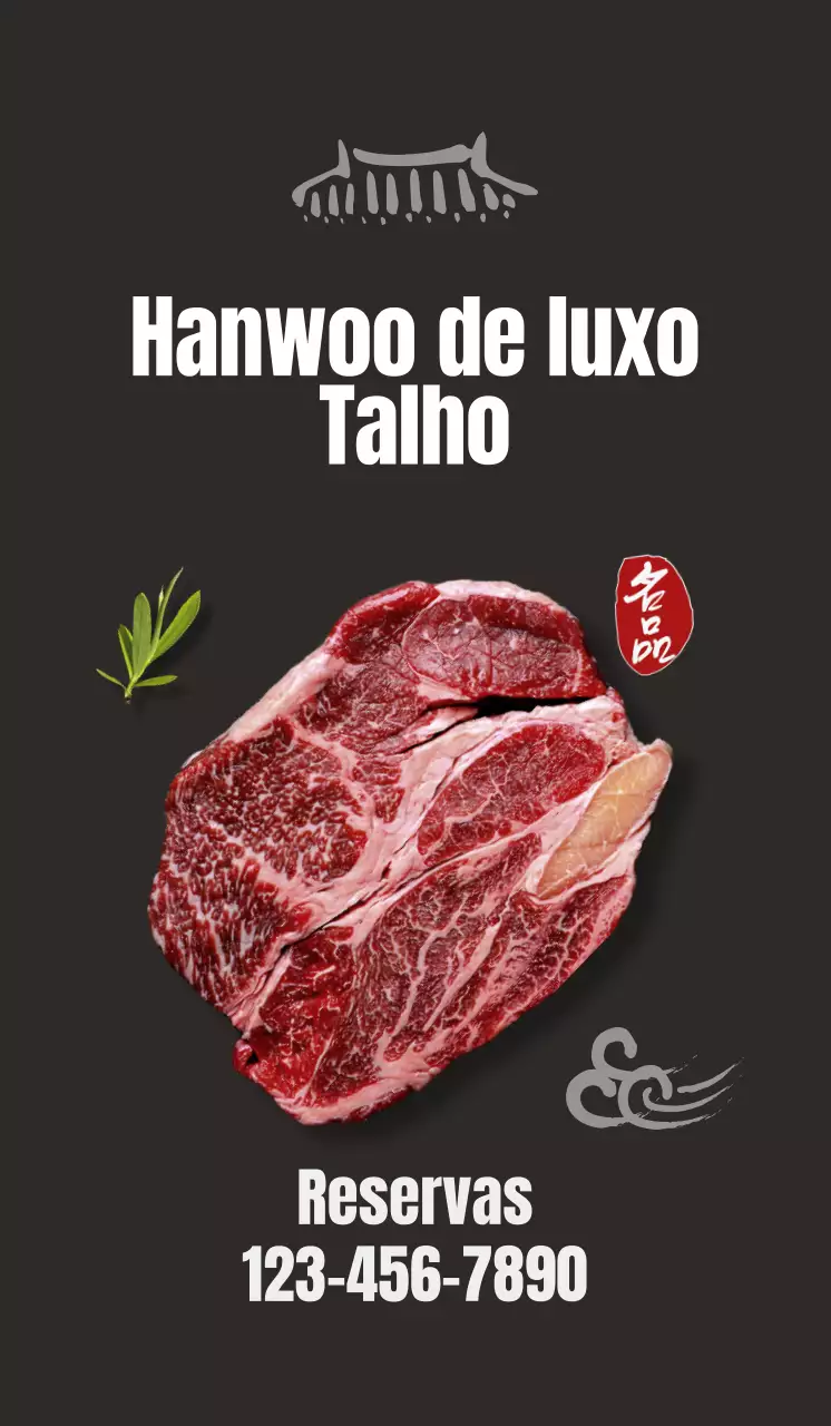 Promover um restaurante limpo de inspiração coreana com imagens de carne de vaca coreana num fundo preto