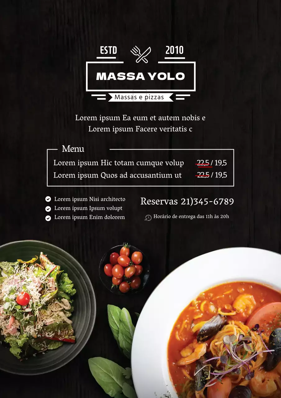 Menu estilo restaurante com destaque para fotografia a preto