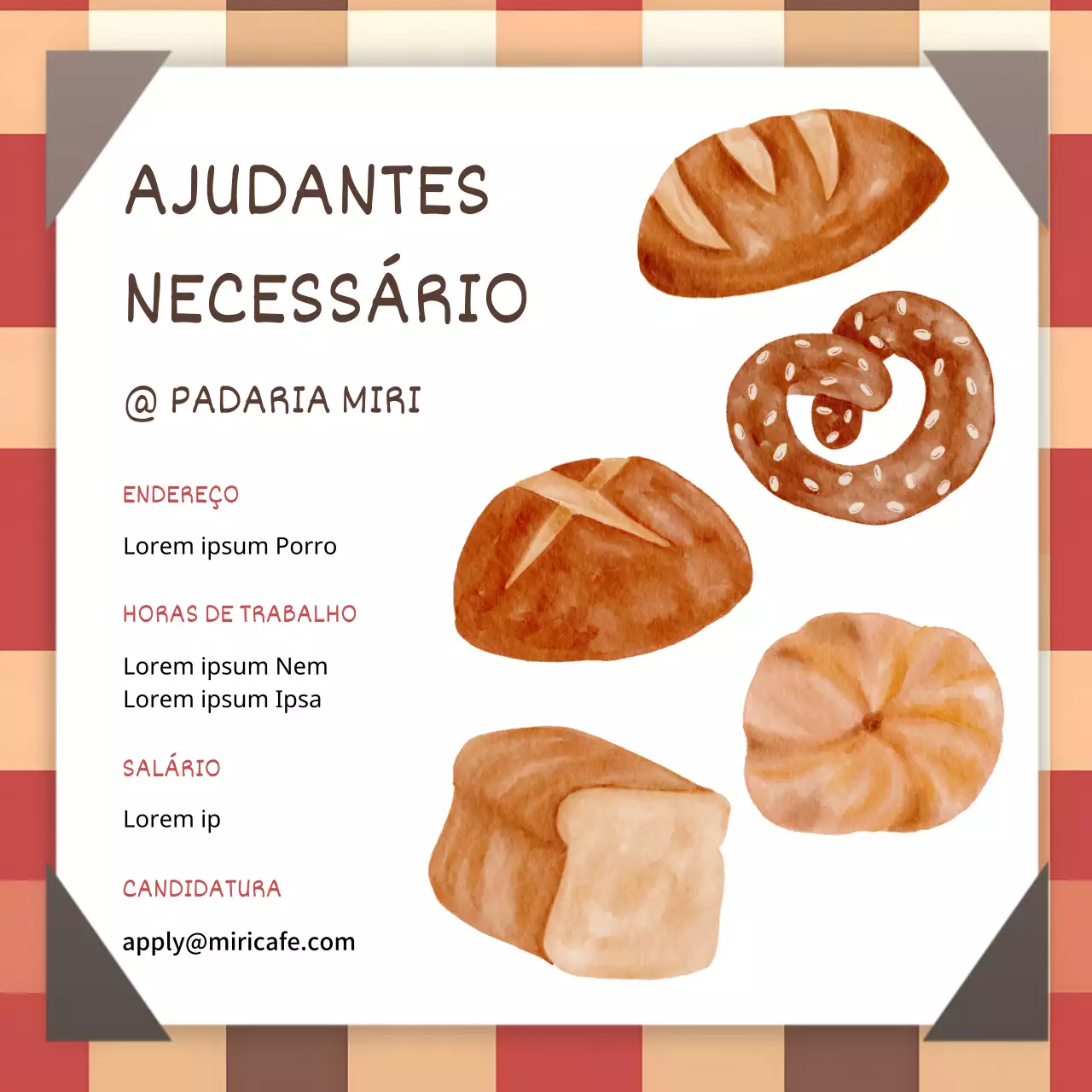 Anúncio de emprego em padaria com fundo axadrezado vermelho e ilustração de estilo vintage V1