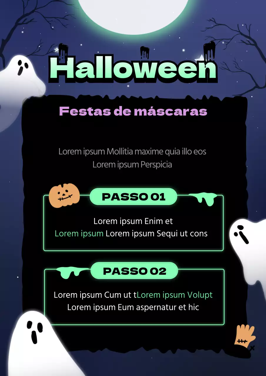 Guia de eventos com tema de fantasmas verde néon e roxo