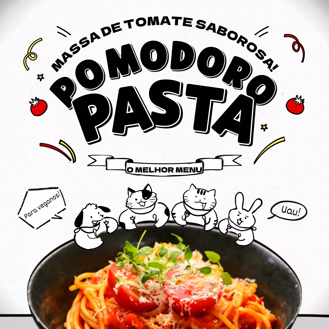 Restaurante de massas com ilustrações giras a preto e branco