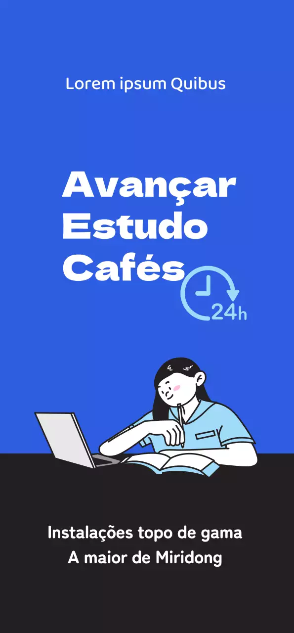 Promover um café de estudo limpo com uma ilustração de um estudante a estudar sobre um fundo azul