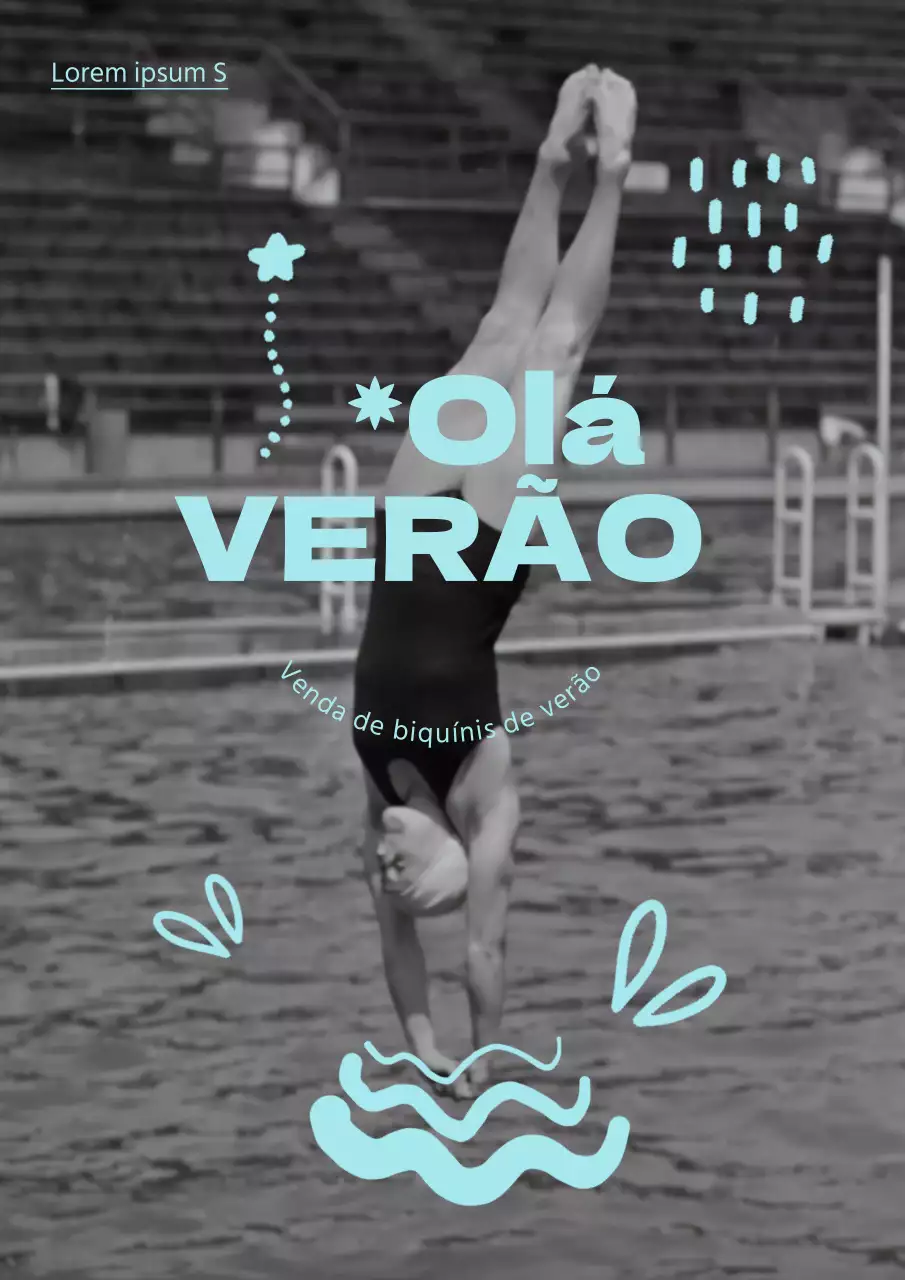 Doodle de verão vintage com uma rapariga mergulhadora a preto e branco e azul celeste