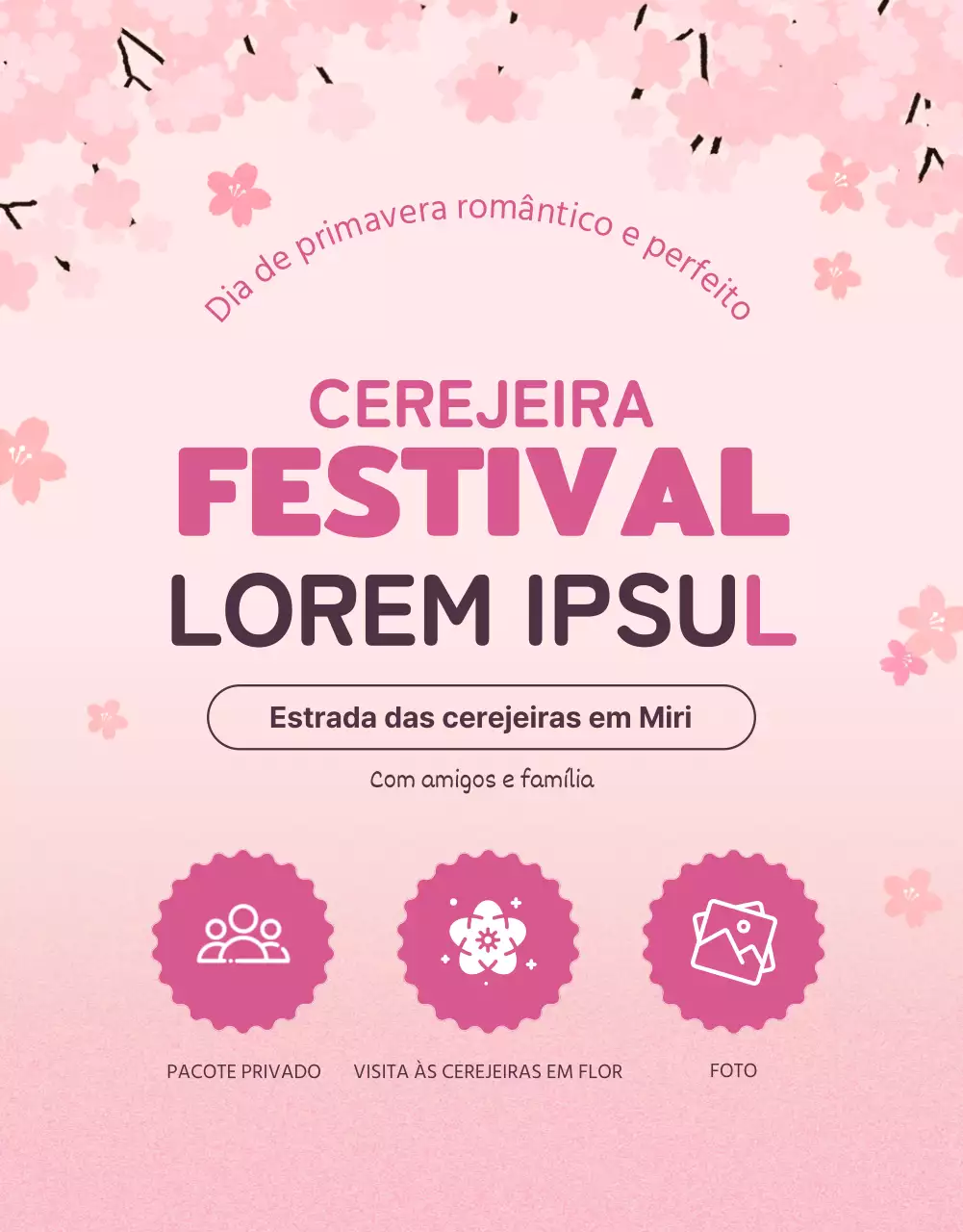 Bonitas ilustrações de flores de cerejeira em rosa pastel para promover a viagem