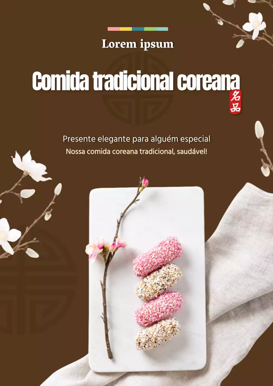 Cartaz promocional do menu do conjunto de oferta mochi em flor de cerejeira com uma paisagem azul clara