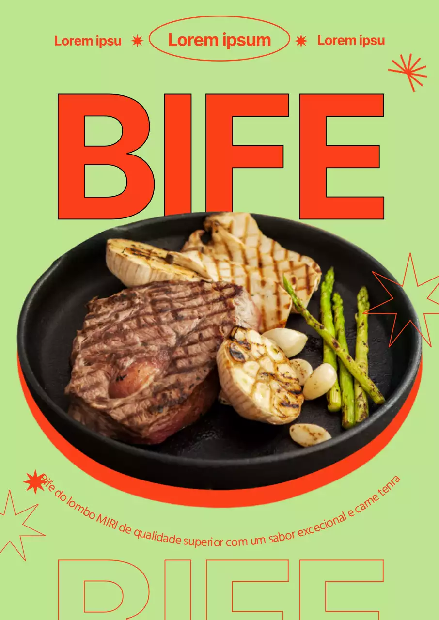 Um menu de bifes ocidental com um esquema de letra arrojado e contrastes e formas de cores complementares.