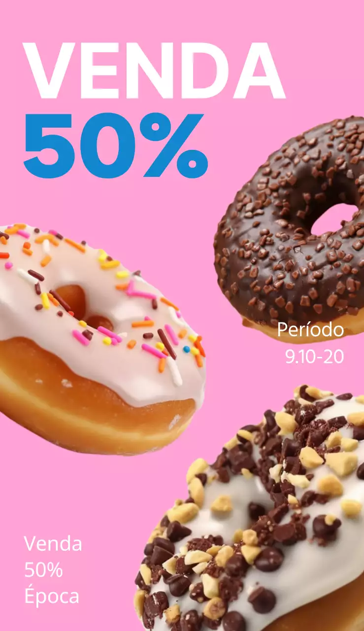 Um cartaz simples e colorido com texto e fotografias sobre um evento de venda de donuts.