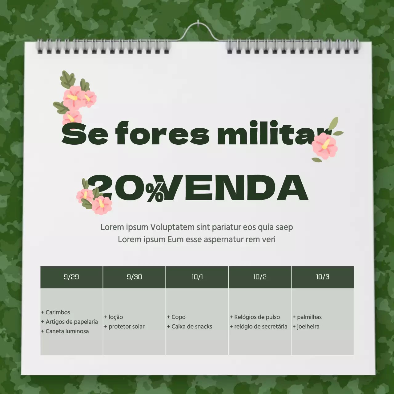 Um conceito de calendário militar elegante para anunciar eventos com desconto