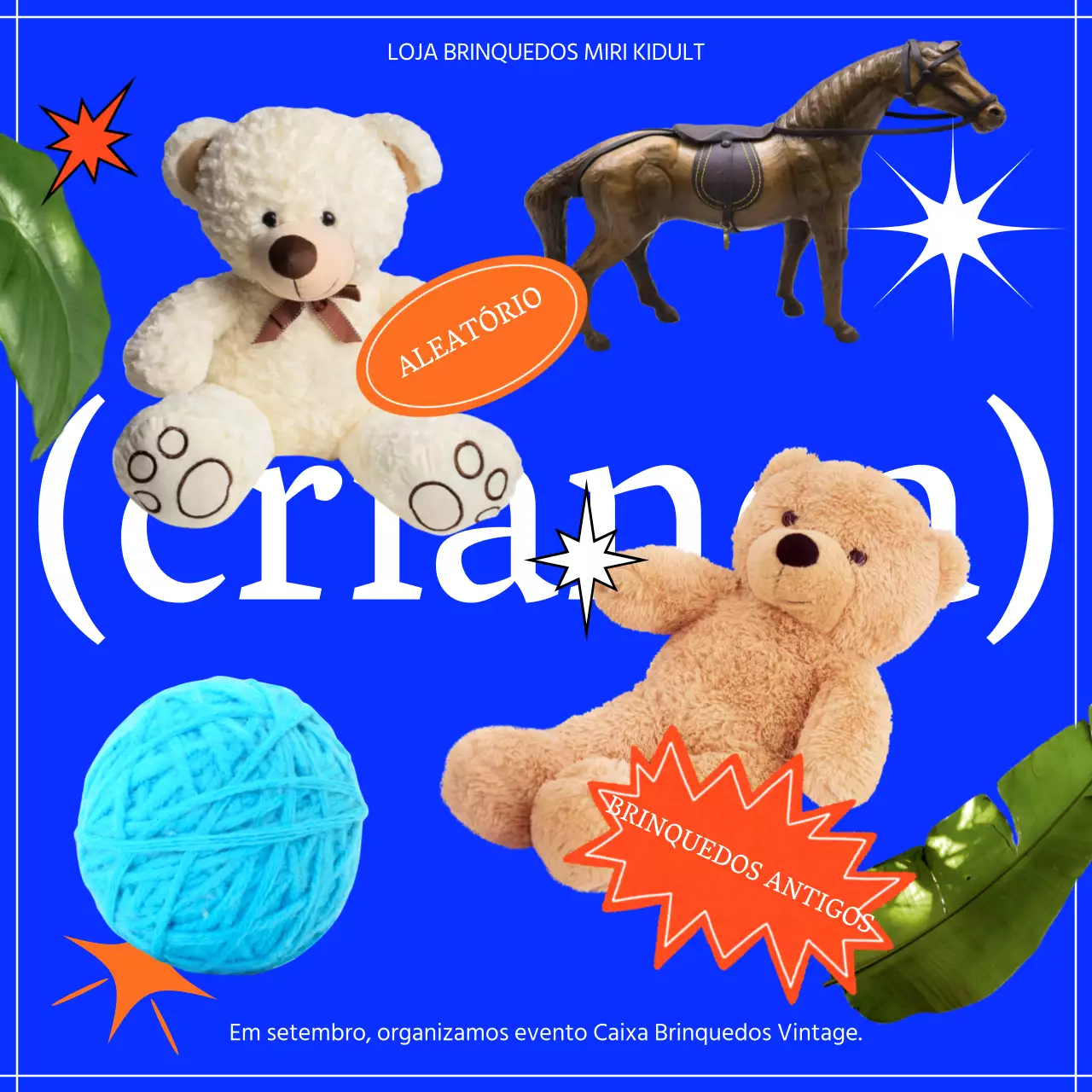 Caixa aleatória de brinquedos vintage azul e laranja Evento