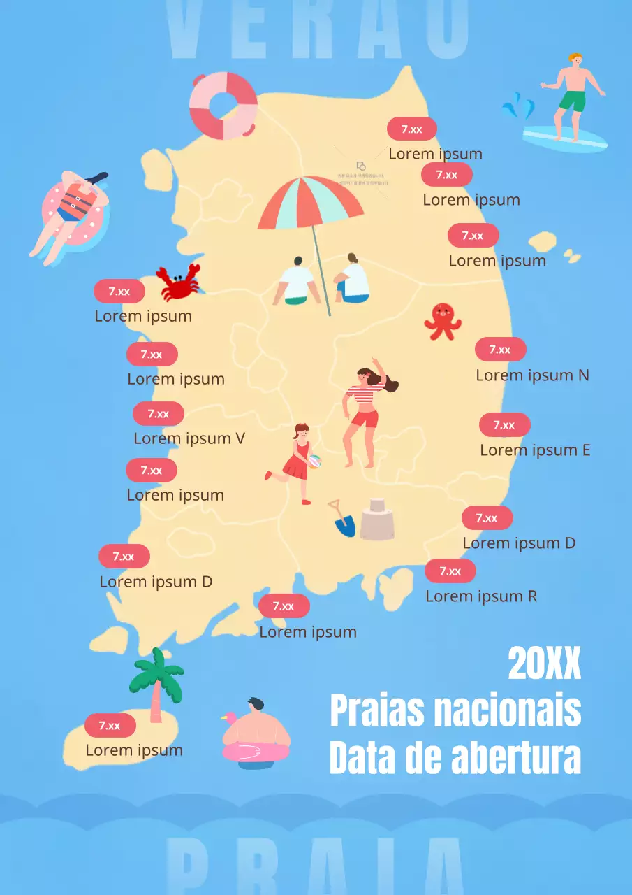 Dia de abertura da praia nacional com um mapa da Coreia sobre um fundo azul do oceano