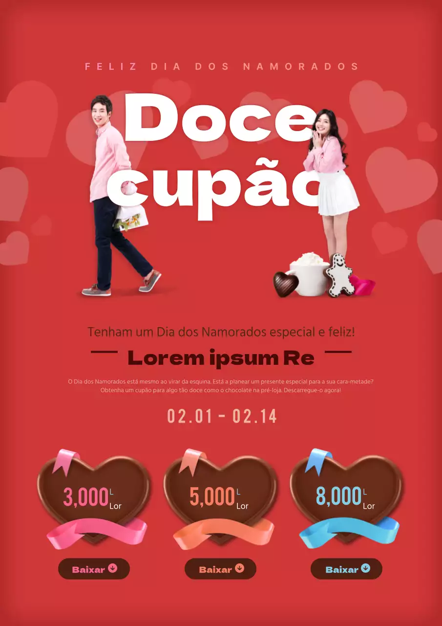 Folheto de cupão para o Dia dos Namorados em vermelho