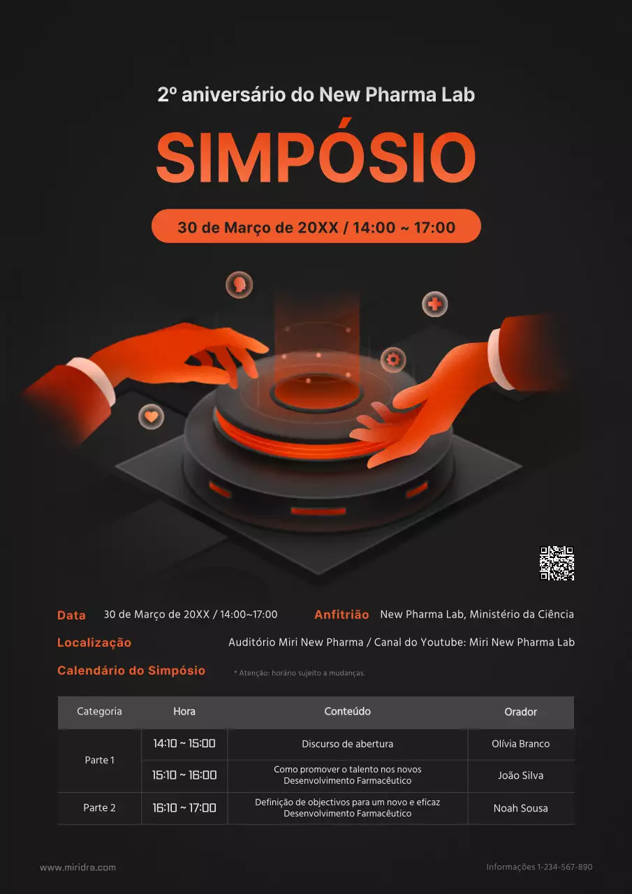 Anúncios do simpósio em linha em preto e laranja