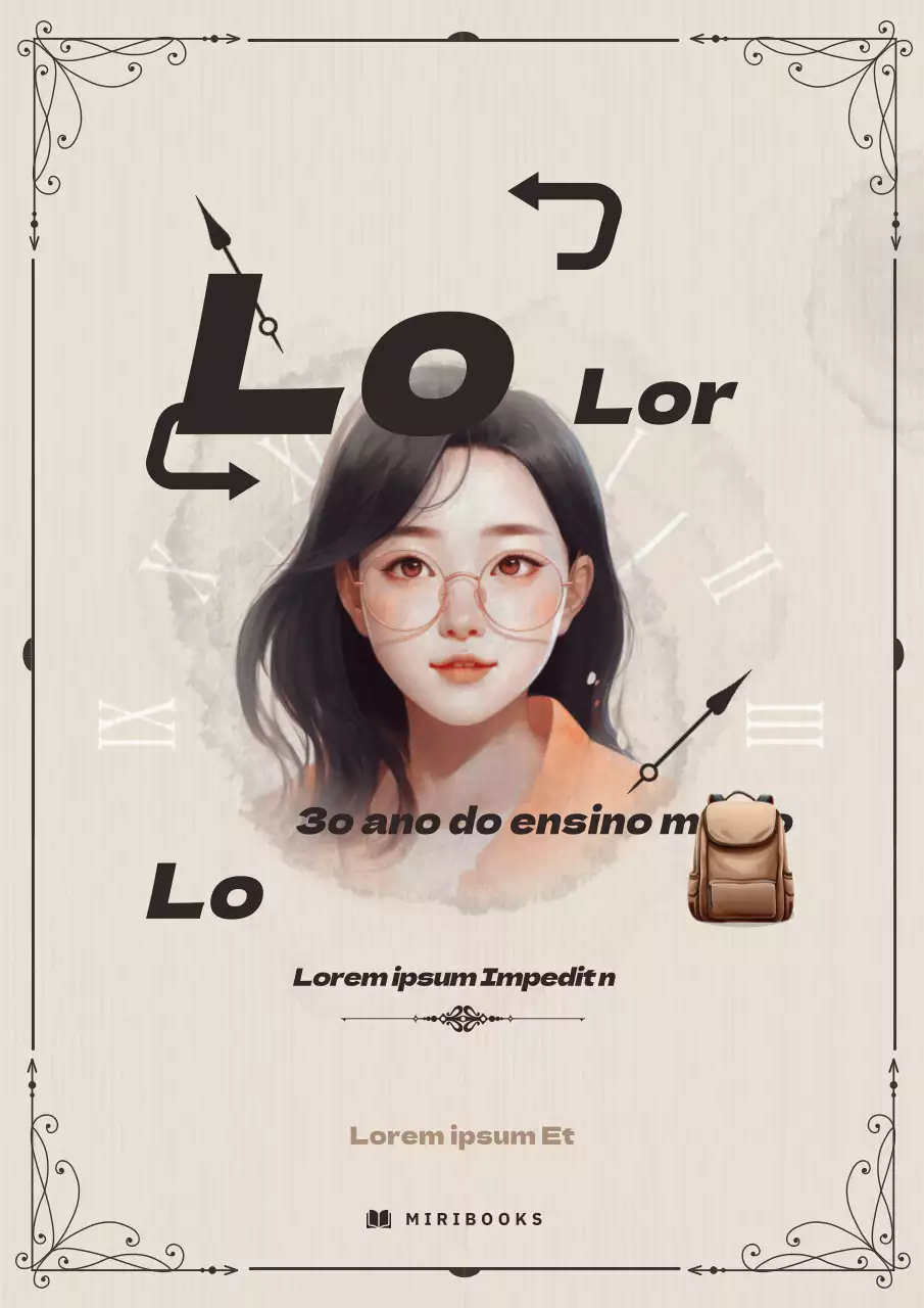 Romance de fantasia com ilustrações bege, elementos tipográficos decorativos e ilustrações de manga
