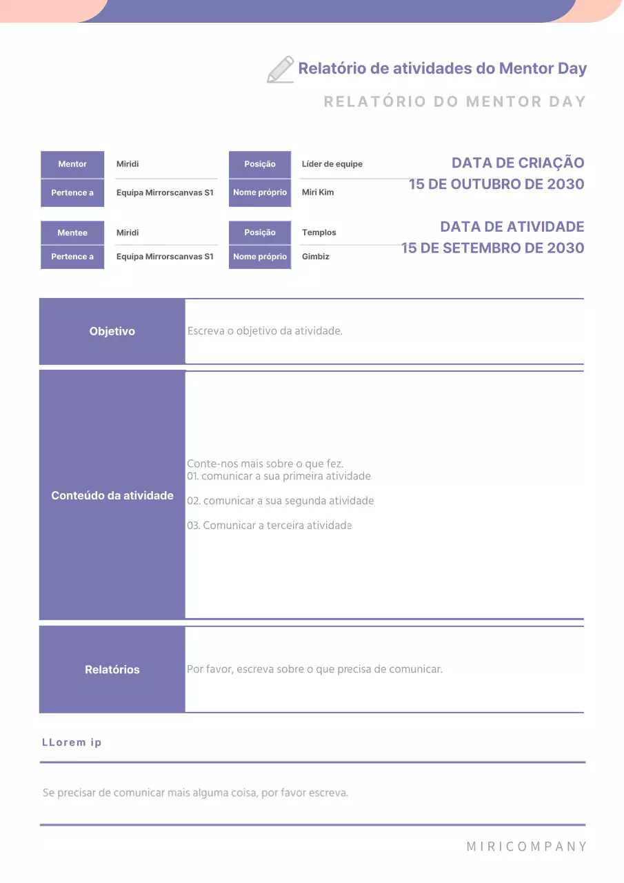 Relatório de actividades de tutoria em roxo e rosa