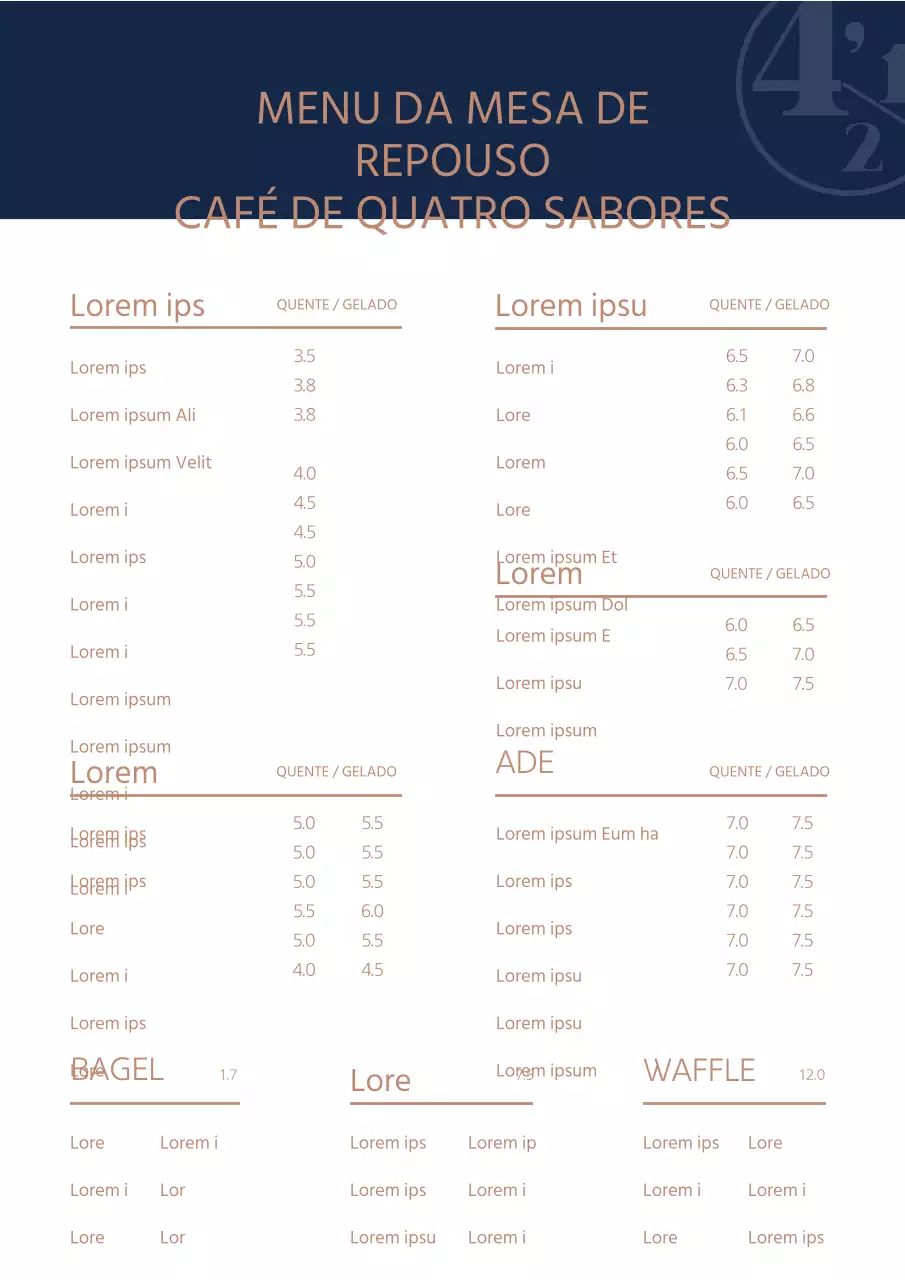 Um menu de café elegante e limpo com um nome e logótipo da loja em azul-marinho e dourado