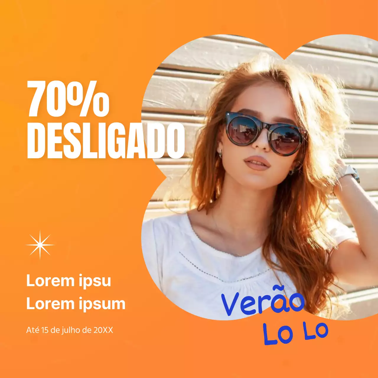 Evento de venda de artigos de moda casual com um retrato sobre um fundo laranja
