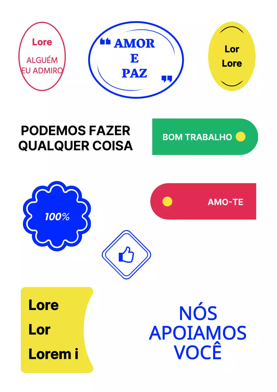 Design simples de autocolantes com texto colorido em inglês e formas ilustradas