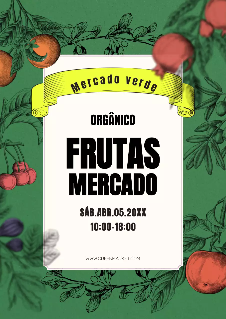Cartaz promocional do mercado dos agricultores com fruta desenhada à mão sobre fundo verde