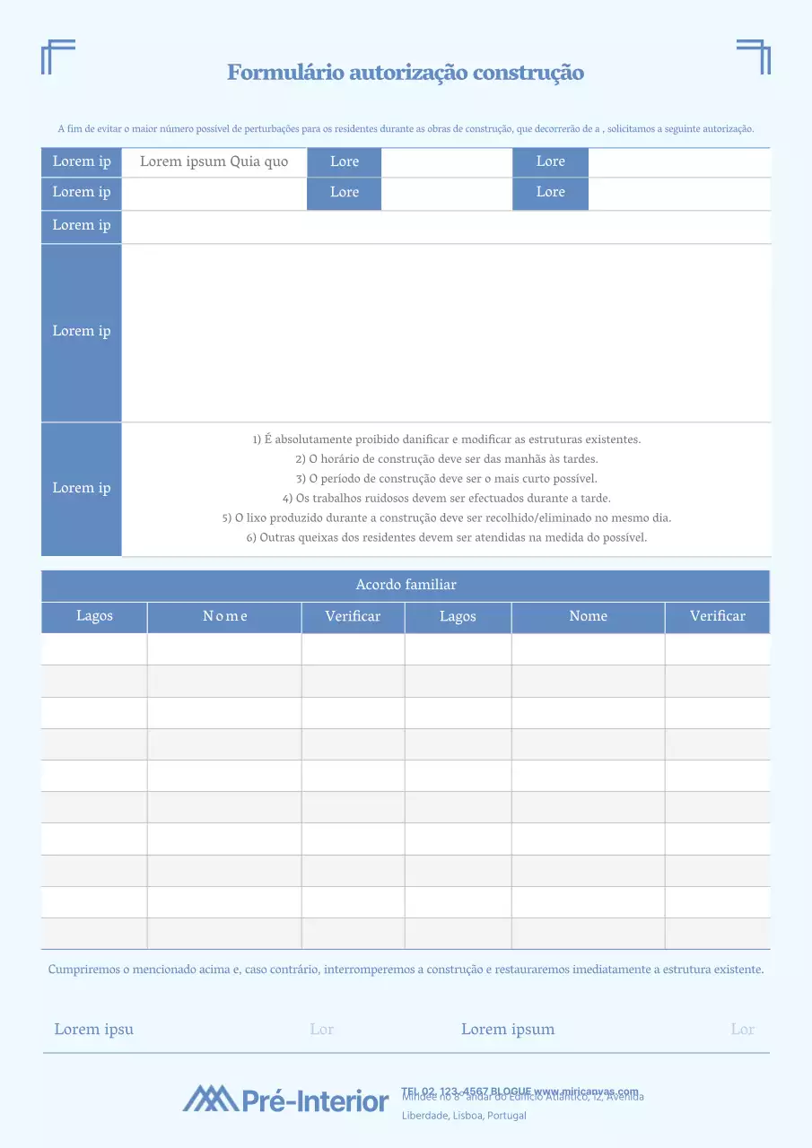 Formulário de consentimento dos residentes para trabalhos de interior numa cor azul calmante