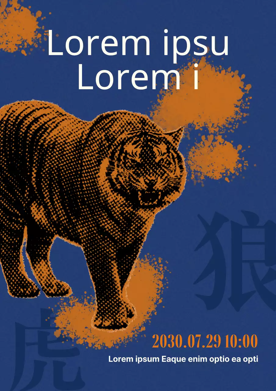 Promoção do Dia do Tigre de inspiração vintage azul-laranja