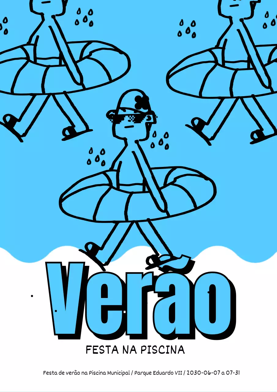 Rapaz num tubo numa piscina gira em azul claro e branco