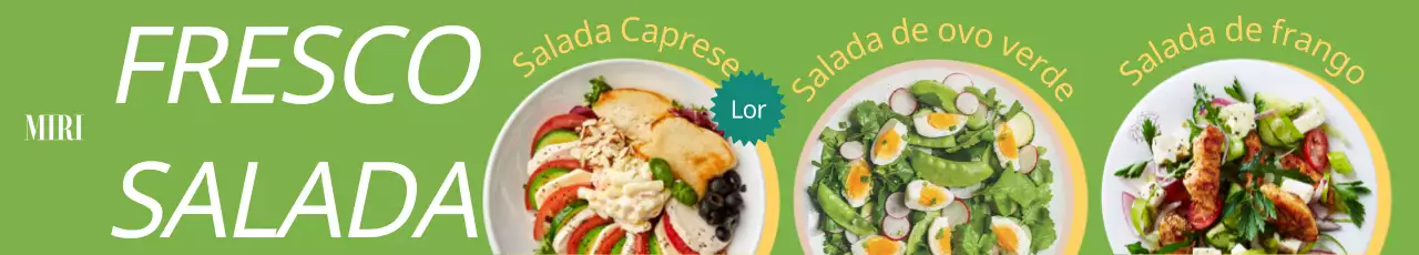 Uma ementa ao estilo brunch com um esquema de letra arrojado e rítmico e fotografias de saladas.
