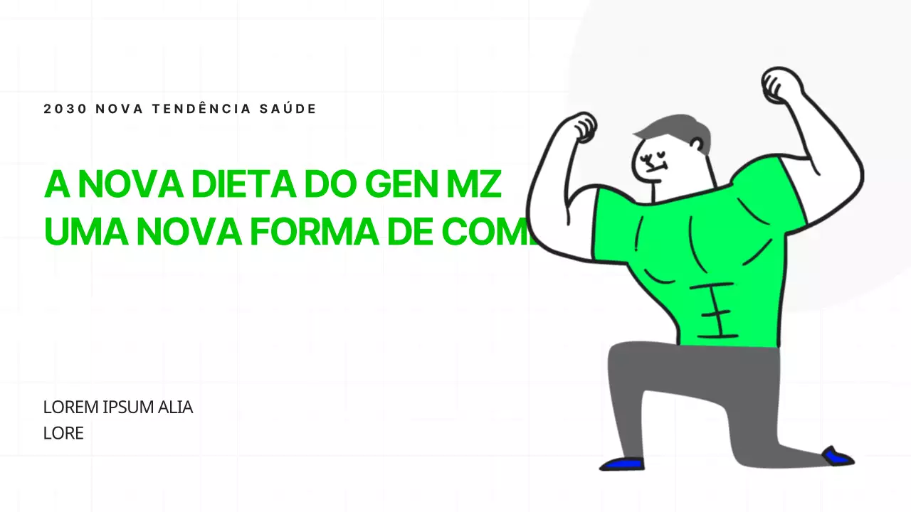 Um modelo moderno que apresenta a última tendência dos "prazeres saudáveis" e da alimentação saudável em tons de verde e chartreuse.